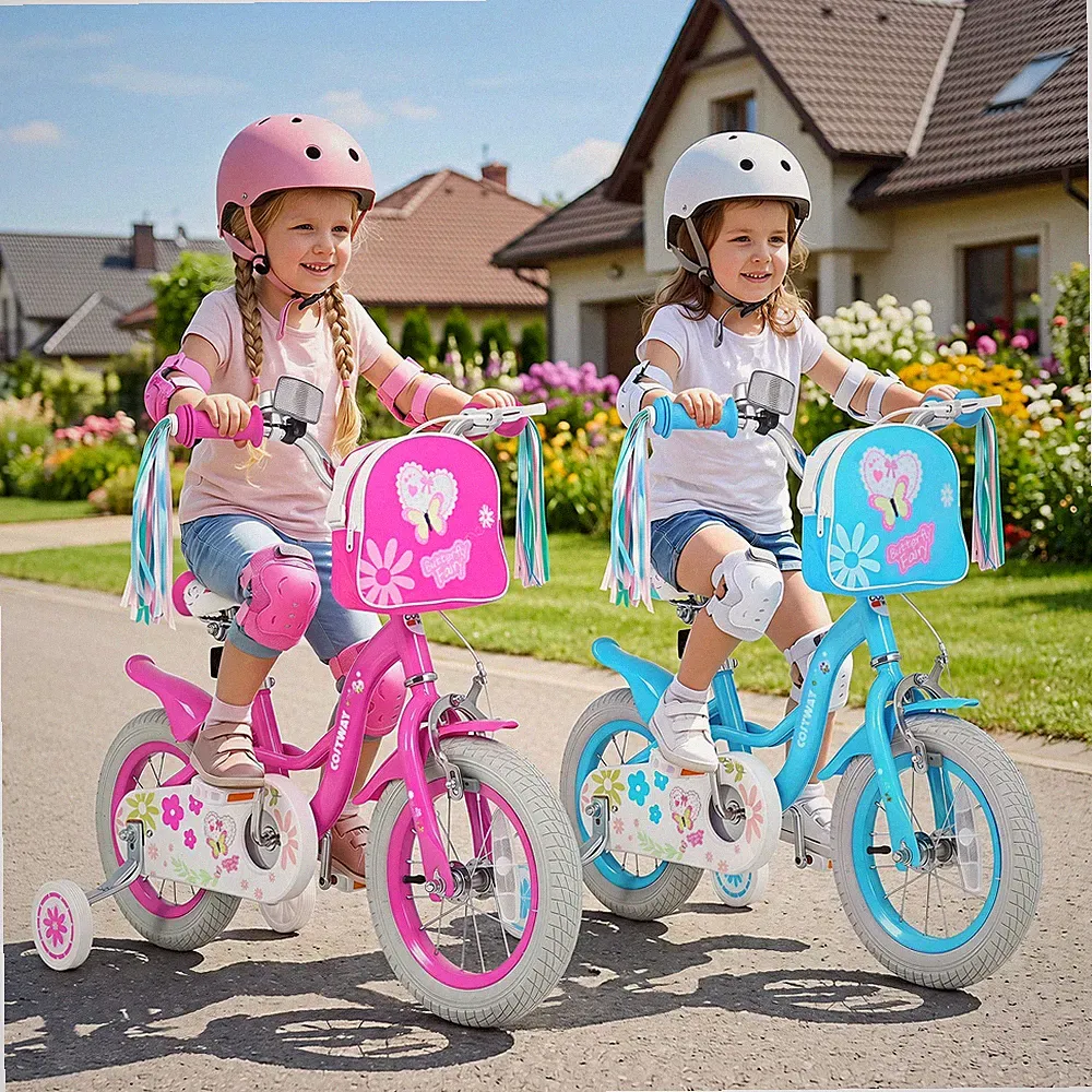 14” Girls Bike with Front Bag Streamers Children Training Bicycle for 3-5 Years