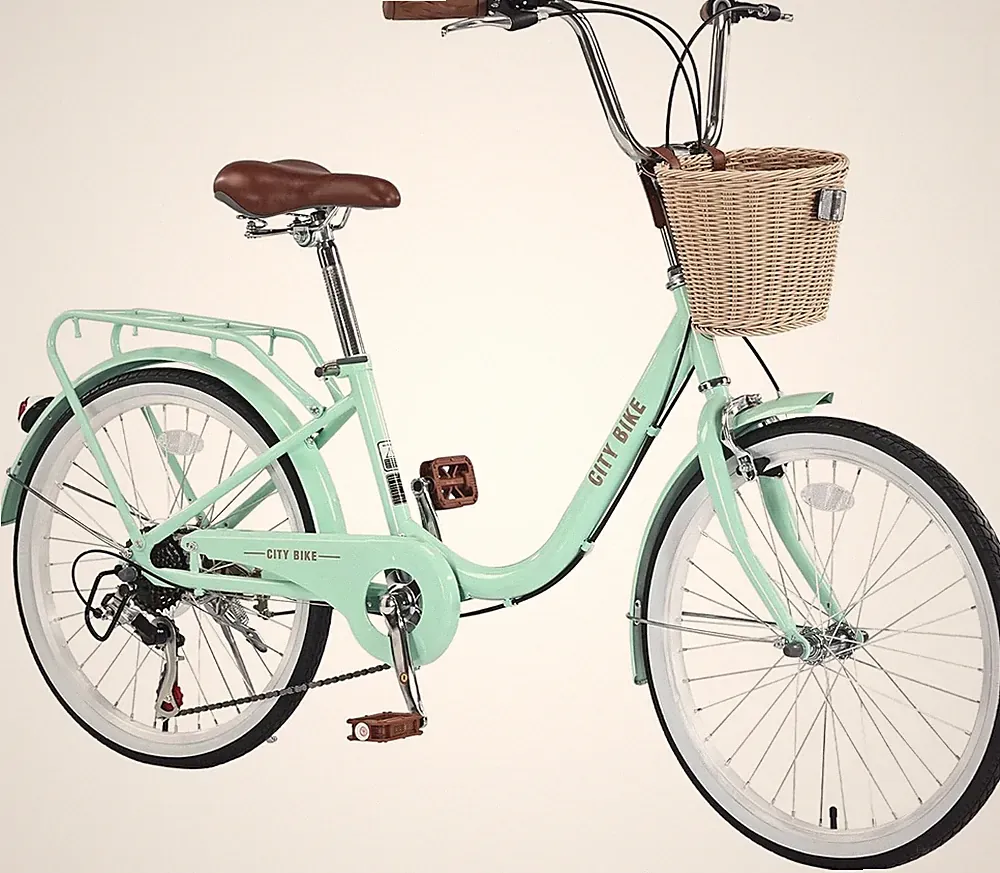 22 Inch 7 Speed City Cruiser Bike With Basket Steel Frame Girls Bicycle Green