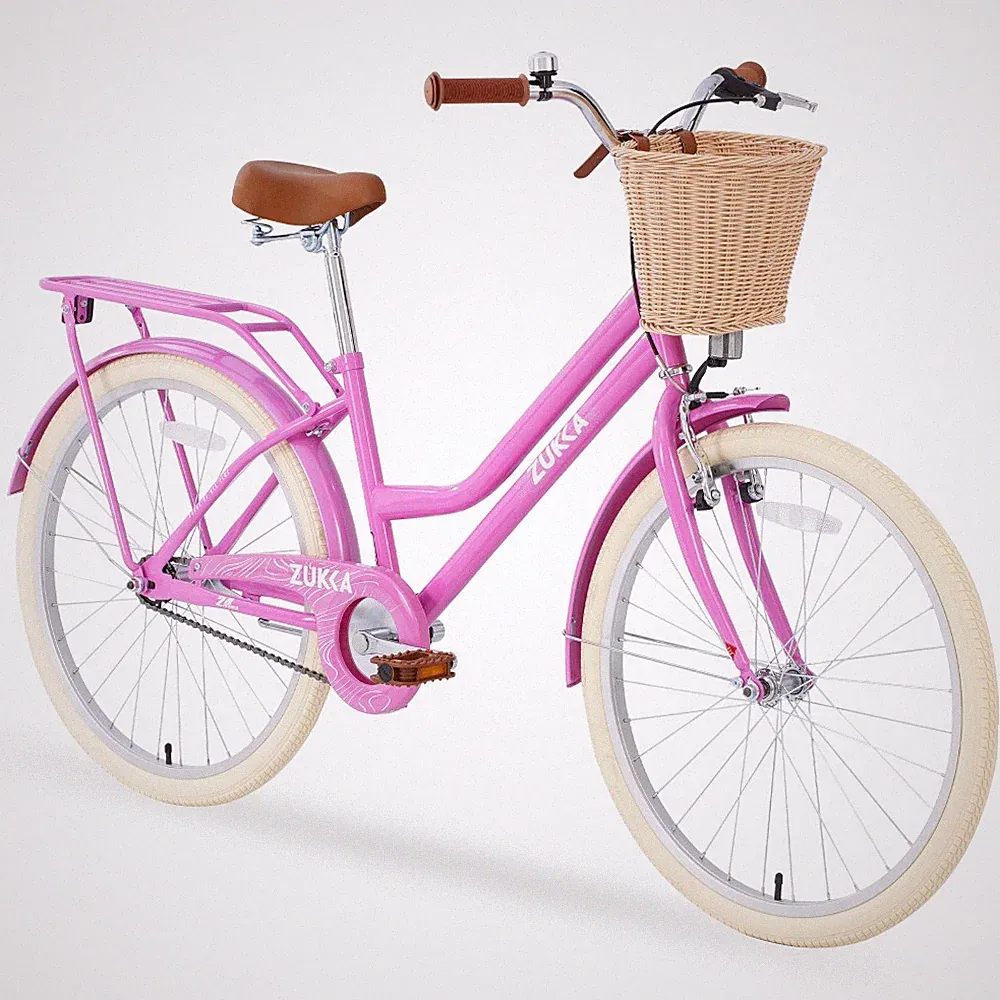 24" Girls Cruiser Bike Single Speed Steel Frame with Basket Age 10+ Pink & Bell