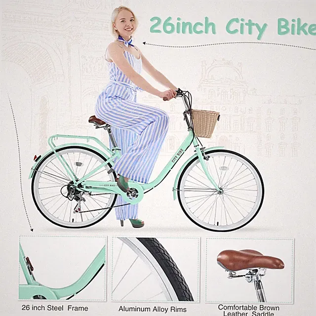 26" 7-Speed Girls City Bike w/ Basket, Steel Frame, Multi-Color