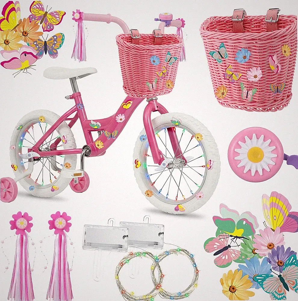 27 Pcs Kids Bike Accessories for Girls Pink Bike Basket Flower Bell Bicycle Hand