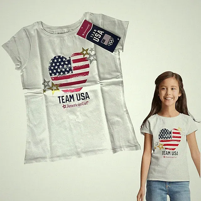 American Girl Team Usa T Shirt For Girls 10/12 Medium Tee Patriotic Heart Flag