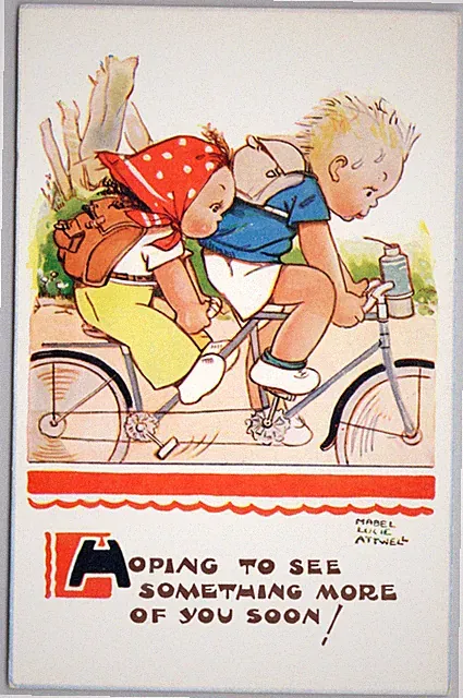 Boy and Girl on Tandem Bicycle Hoping to See More of You Attwell Postcard