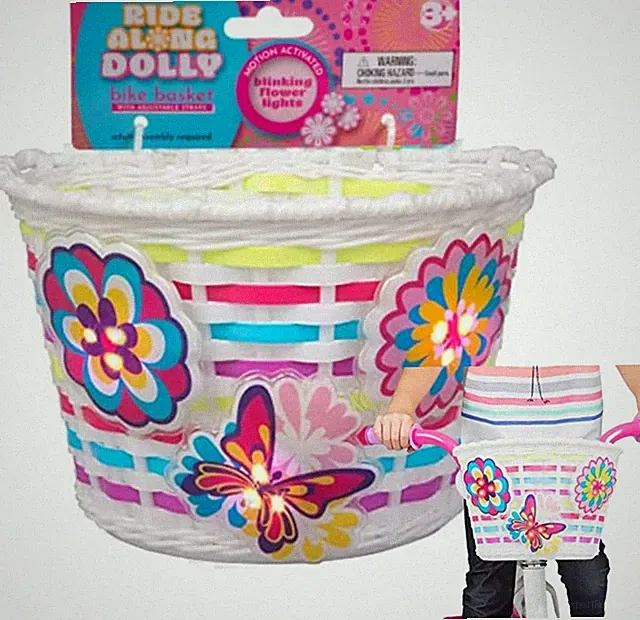 Girls Bike Basket w Light Up Safety Flowers Easy To Attach, Fits Most Bikes