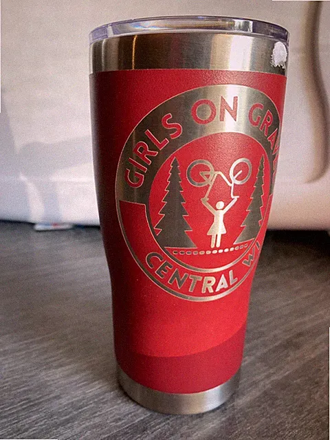 Girls On Gravel Travel Mug Tumbler Stainless Steel Maroon Biking Slide Lid 20 oz