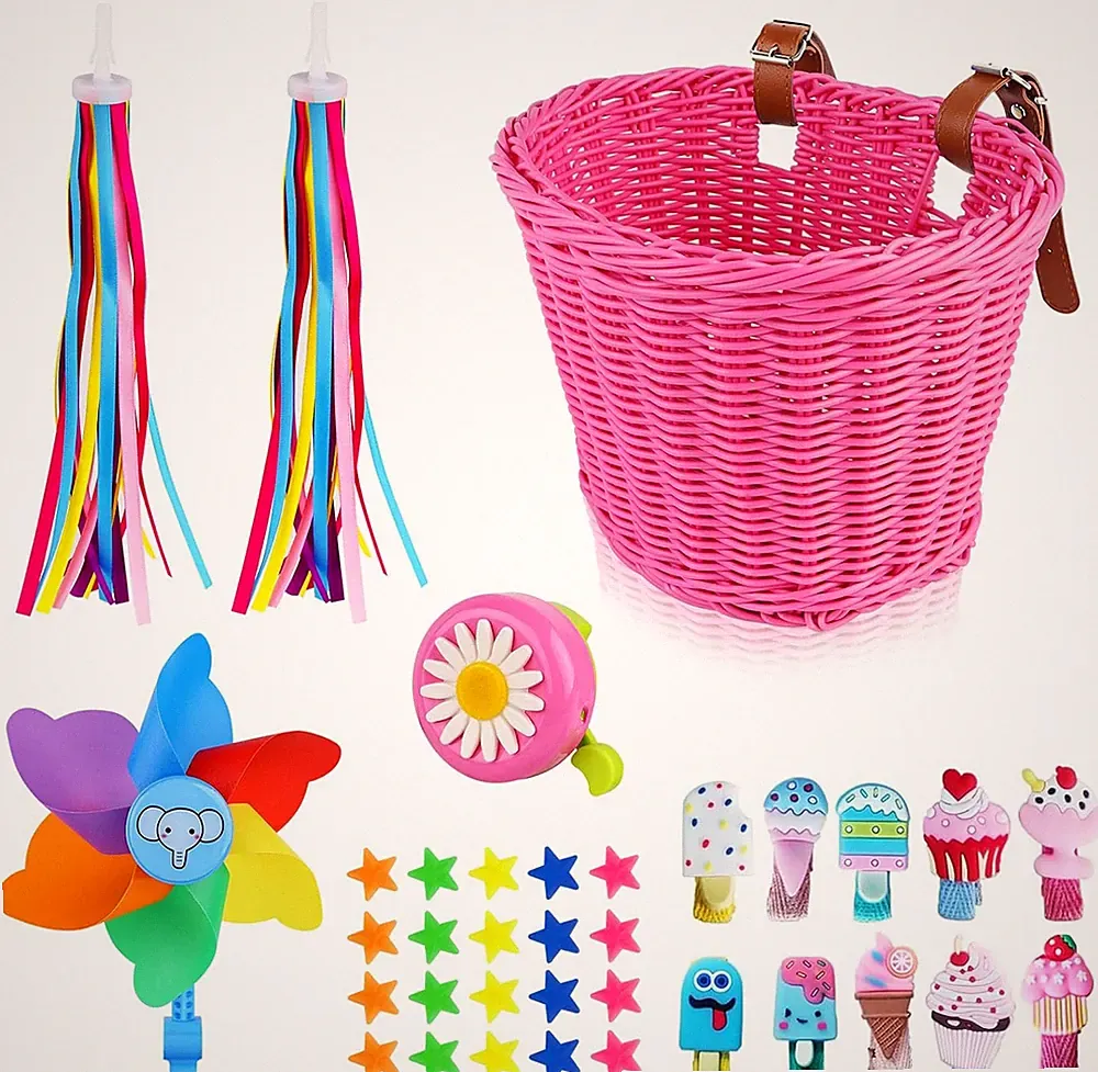 Kids Bike Basket, Detachable Bike Basket for Girls with Colorful Bicycle Streame