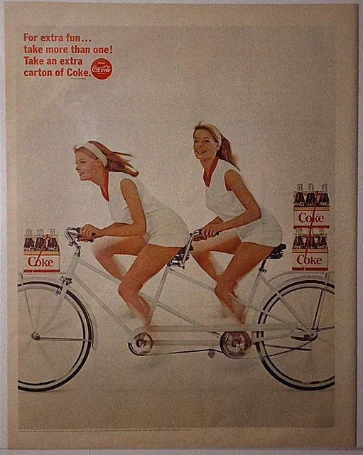 Large Vintage 1966 COCA-COLA Print Magazine Ad w/ Girls Twins Tandem Bicycle