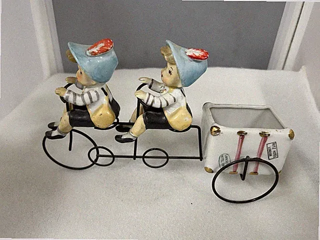 Lefton 1958 Identical Boy & Girl Twins On Tandem Bicycle With Trunk
