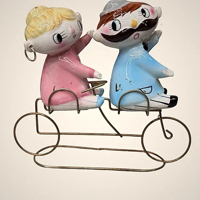 Vintage 1950's RELCO Boy Girl Kids Riding Bike Bicycle Salt Pepper Shakers READ