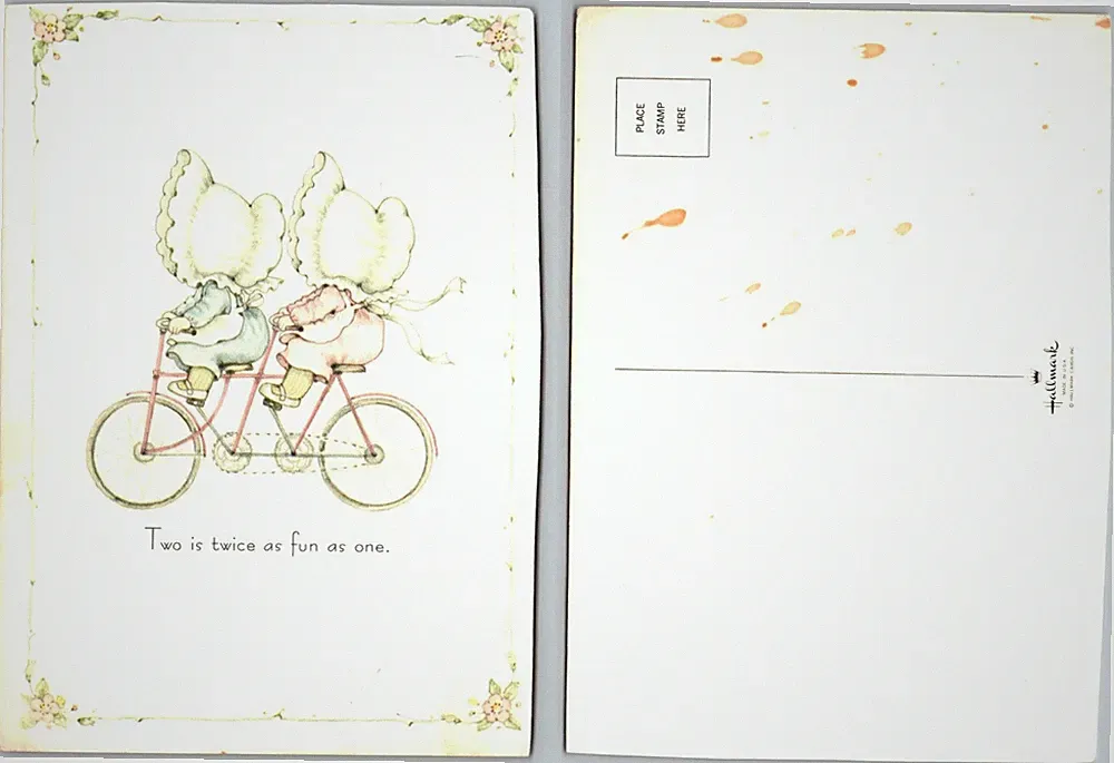 Vintage Hallmark Postcard Tandem Bicycle Two Bonnet Girls 'Two is Twice as Fun'